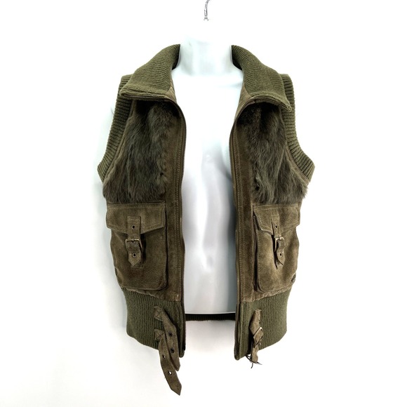 Vintage Rabbit Fur Pig Suede Army Green Cargo Vest Women S Gorp Utility Y2K 90s - Picture 1 of 11